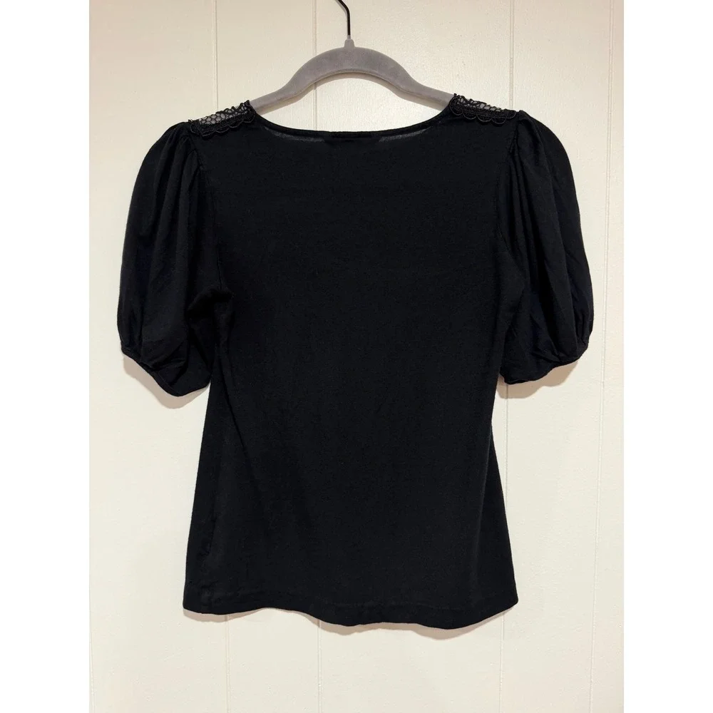 Banana Republic Lace Crochet Neckline Puff Short Sleeve Black Top XS Office